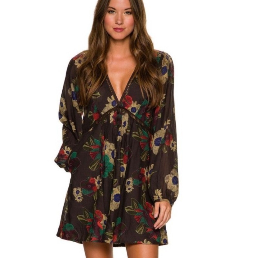 Free People Strawberry Fields Floral Ladder Lace Mini Dress Dark Brown L